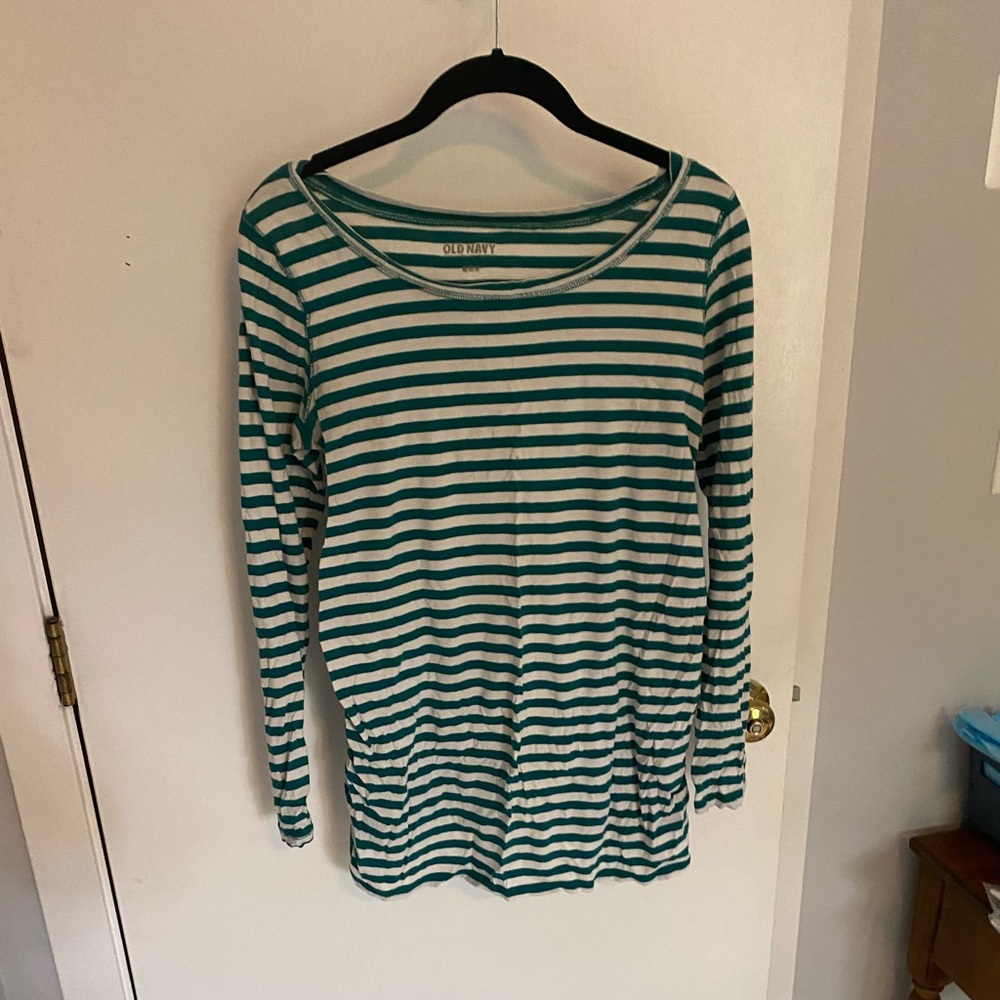 Old Navy Green and White Striped Long Sleeve Maternity T-Shirt | Medium